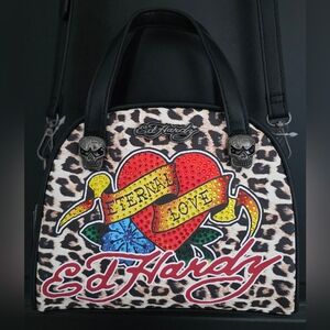 NWT Ed Hardy Cheetah Print Bowler Bag with Heart and Skull Accents